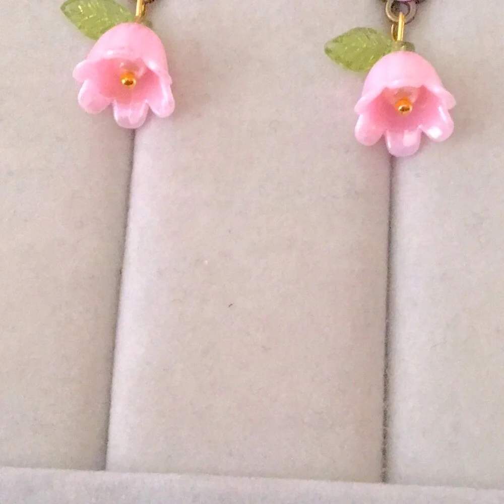 Aurora Borealis Crystal + Antique Brass Gold Pink Flower Boho Drop Earrings